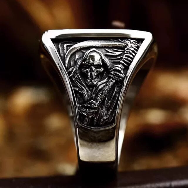 Vintage Stainless Steel Punk Solid Halloween Grim Reaper Skull Ring for Men