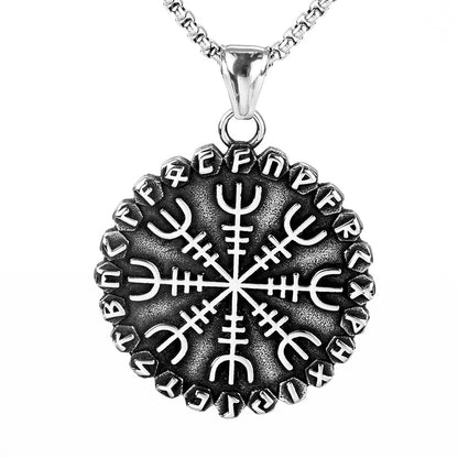 Vintage Nordic Stainless Steel Viking Compass Rune Pendant Necklace for Men
