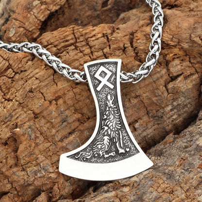 Men's Steel Viking Axe Wolf Rune Pendant Necklace Nordic Retro Jewelry