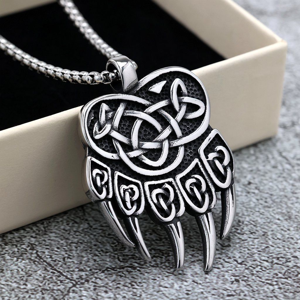 Vintage Men's Stainless Steel Viking Bear Claw Pendant Necklace