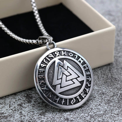 Men's Steel Viking Valknut Rune Round Tag Pendant Necklace