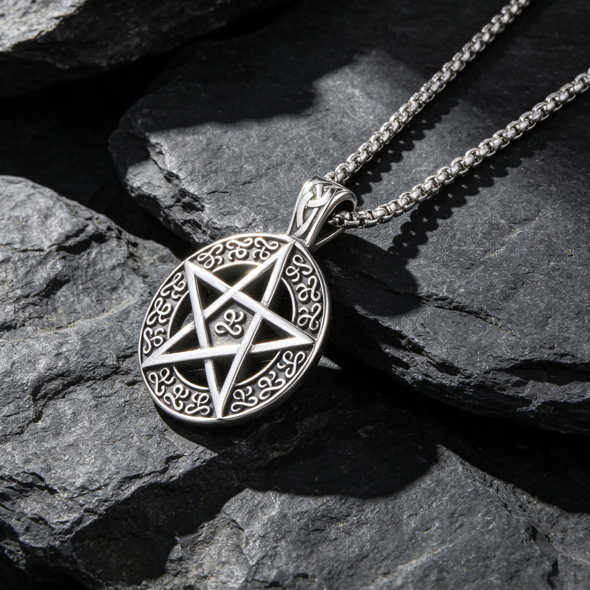 Men's Steel Pentagram Round Pendant Necklace