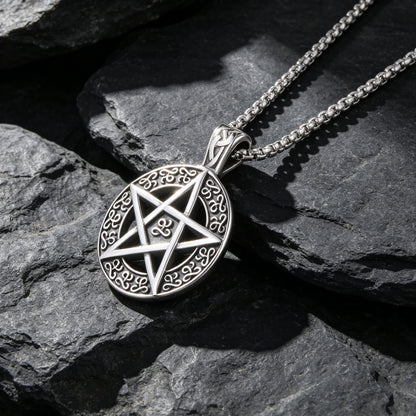 Men's Steel Pentagram Round Pendant Necklace