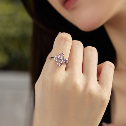 Women's S925 Silver White Gold Tone Ring, Pink Round Zircon Inlaid Four-Leaf Clover Eight-Pointed Star Ladies Fashion Ring