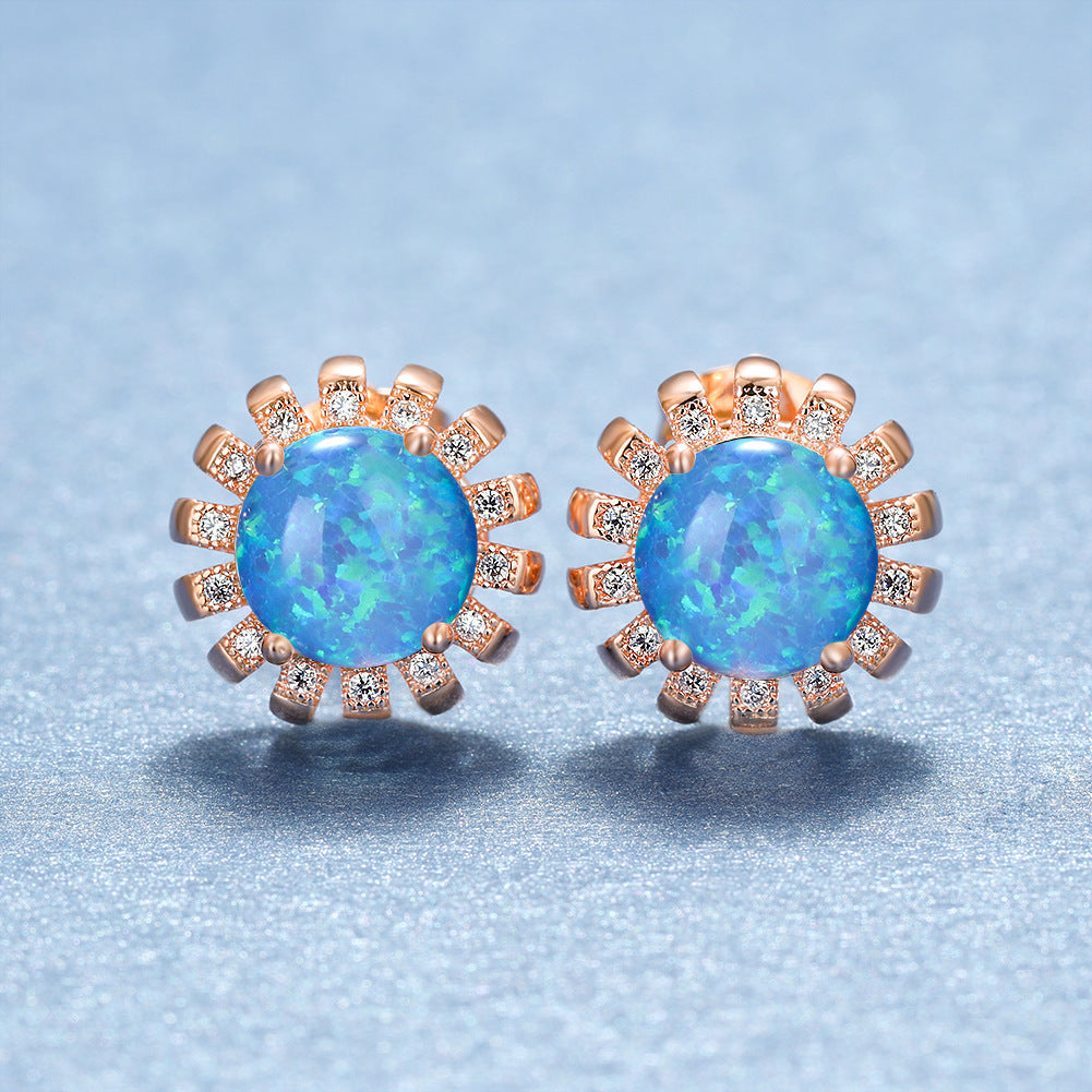 Women's Sunflower‑Shape Round Multi‑Color Opal With Zirconia Accent Stud Earrings, with Rose Gold Plating
