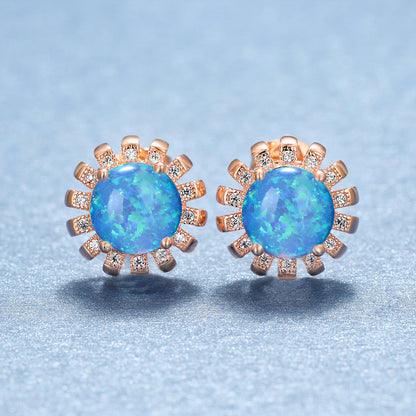 Women's Sunflower‑Shape Round Multi‑Color Opal With Zirconia Accent Stud Earrings, with Rose Gold Plating