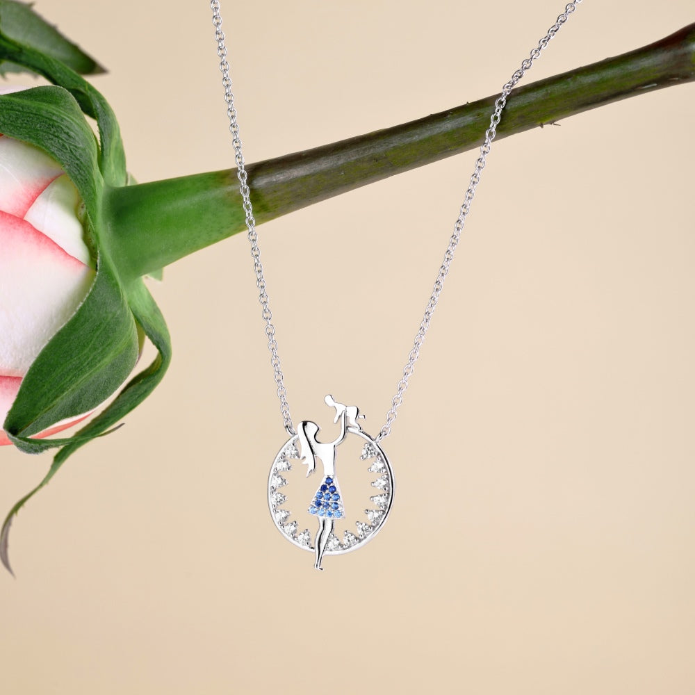 Women's Mom Holding Baby Pendant Necklace, Gradient White‑Blue Round Zirconia Inlay, S925 with White Gold Plating