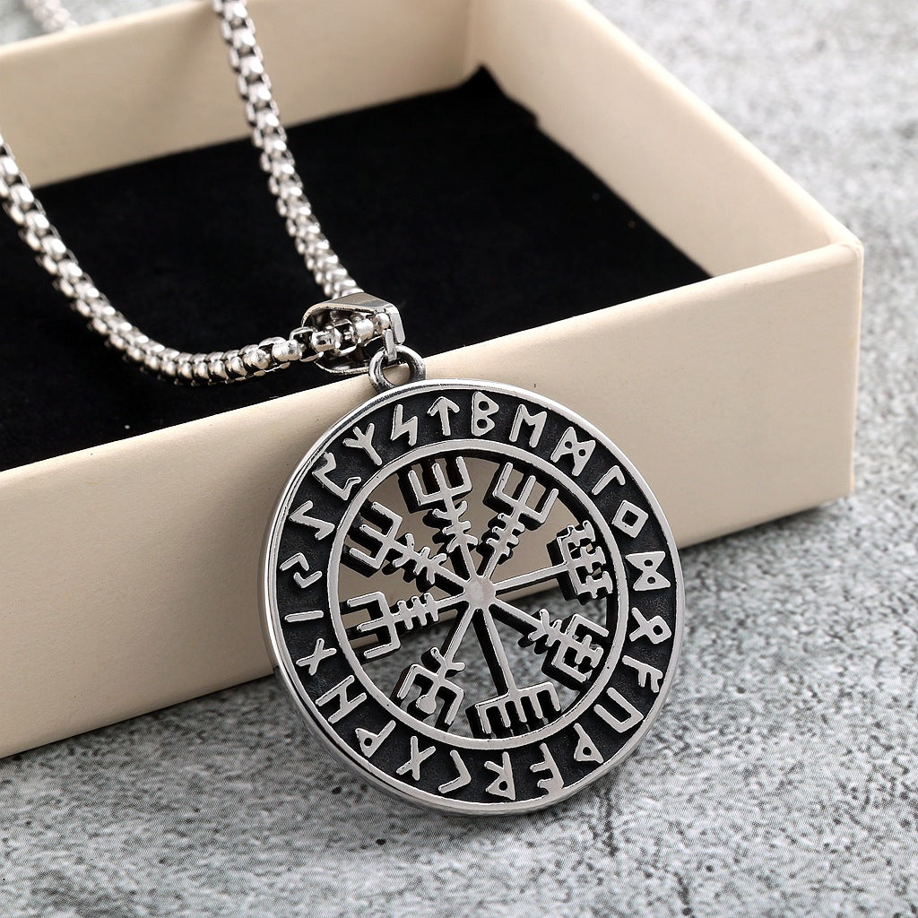 Vintage Stainless Steel Men's Viking Compass Double Sided Pendant Necklace