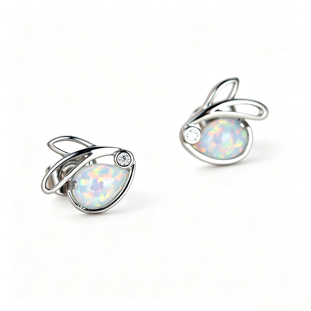 Women's Hollow Rabbit Teardrop Opal Stud Earrings with Round Zirconia Accent, with White Gold Plating