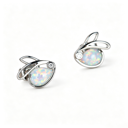 Women's Hollow Rabbit Teardrop Opal Stud Earrings with Round Zirconia Accent, with White Gold Plating