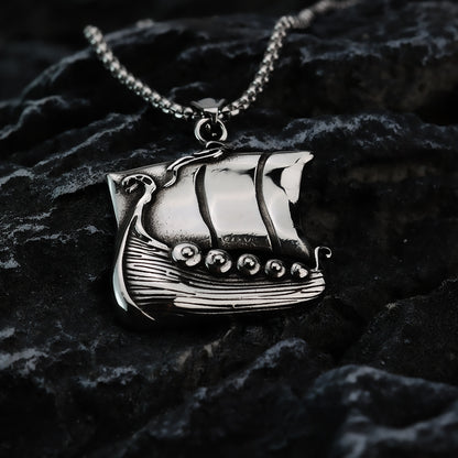 Vintage Stainless Steel Viking Longship Pendant Necklace for Men