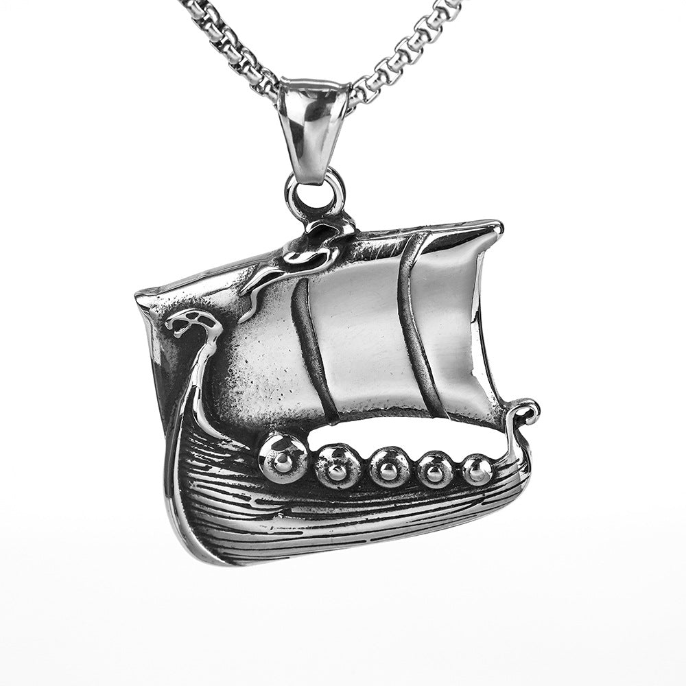 Vintage Stainless Steel Viking Longship Pendant Necklace for Men