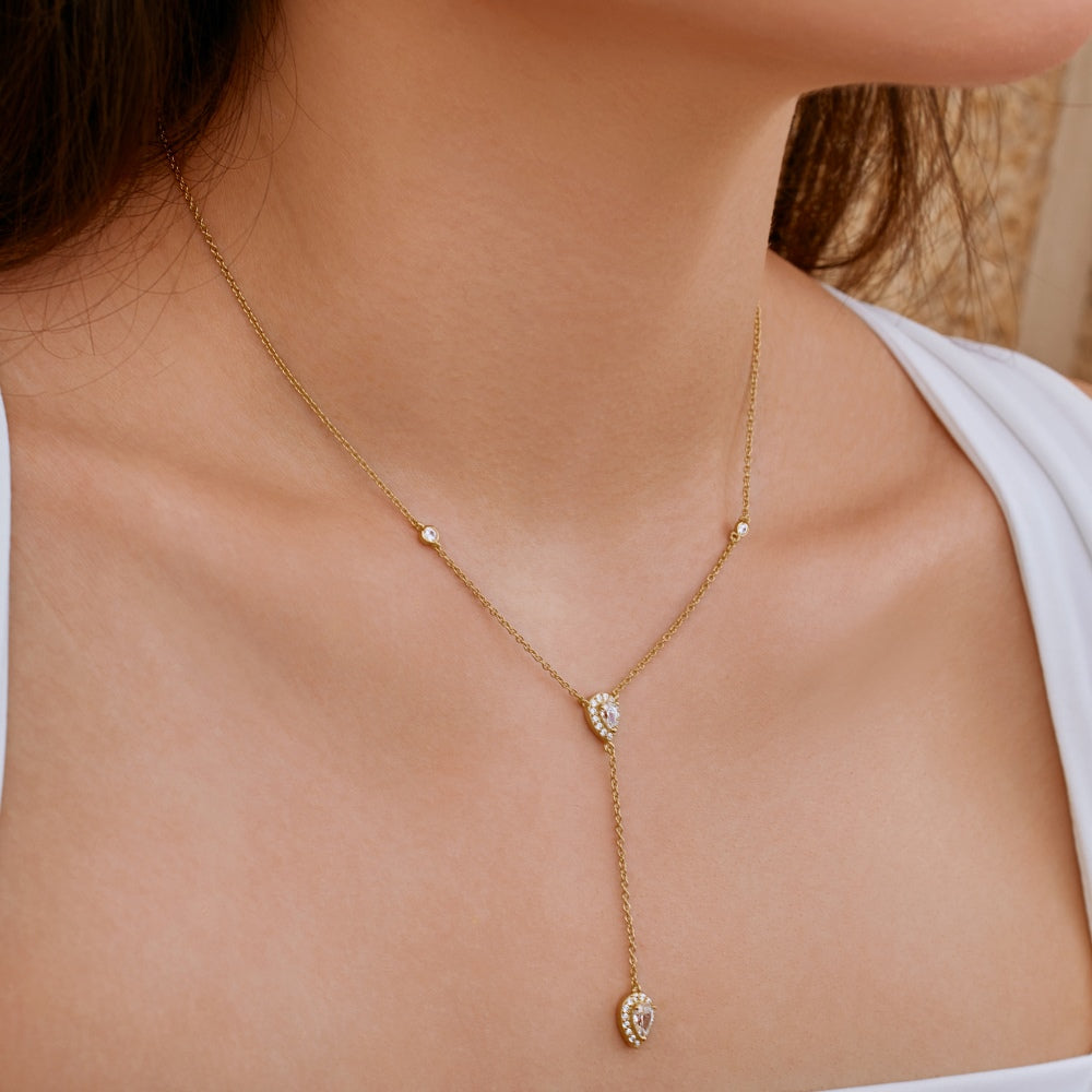 Women's Delicate Pendant Necklace, Pear Shape Zirconia & Round Zirconia Inlay, S925 with 18K Gold Plating