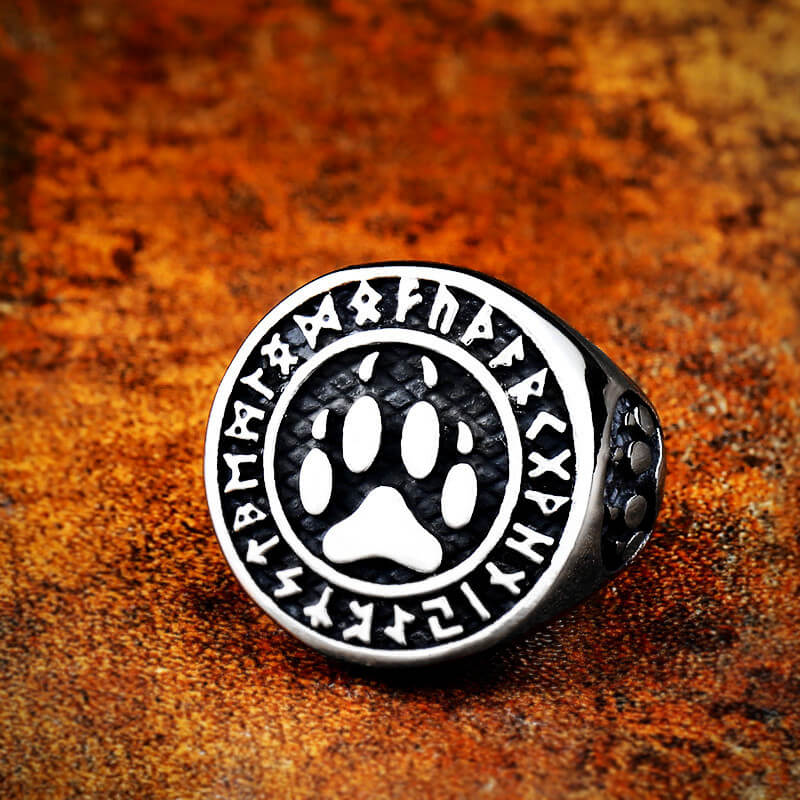 Vintage Stainless Steel Viking Rune Bear Paw Round Signet Ring for Men