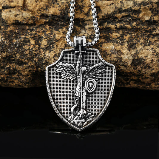 Men's Steel Archangel Shield Pendant Necklace