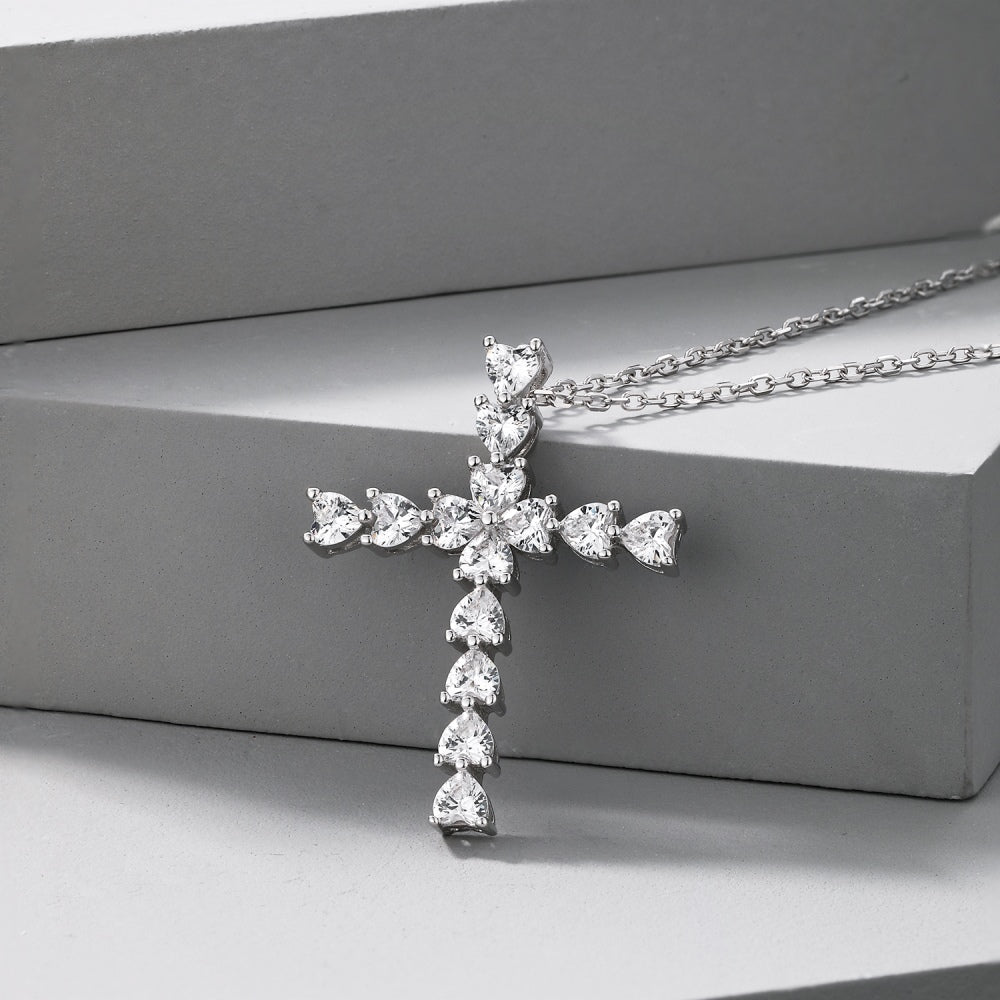 Women's Minimalist Cross Pendant Necklace, Heart Shape Zirconia Inlay, S925 with White Gold Plating