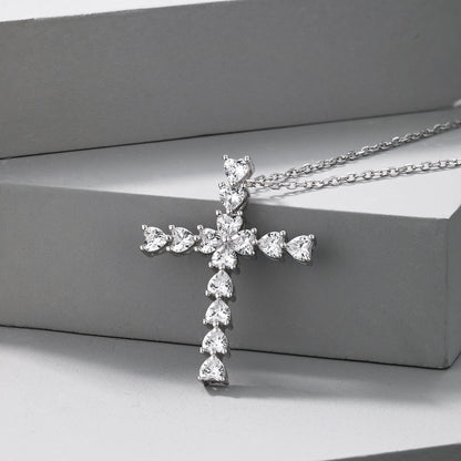 Women's Minimalist Cross Pendant Necklace, Heart Shape Zirconia Inlay, S925 with White Gold Plating