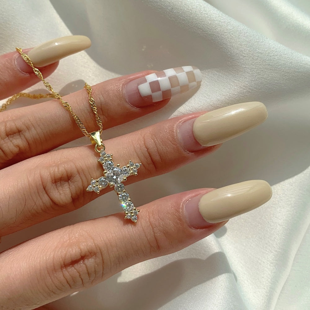 Women's Stackable Religious Cross Pendant Necklace, Zirconia Inlay, S925 with 18K Gold Plating