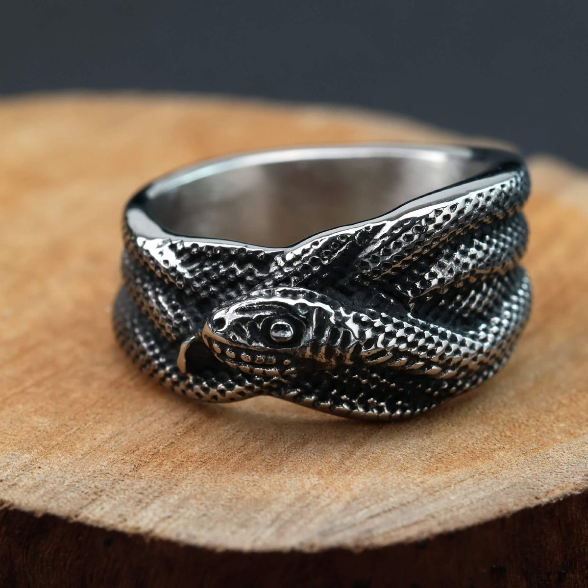 Vintage Solid Stainless Steel Antique Finish Wrapped Snake Band Ring for Men