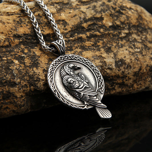 Vintage Stainless Steel Viking Symbol Raven Pendant Necklace for Men