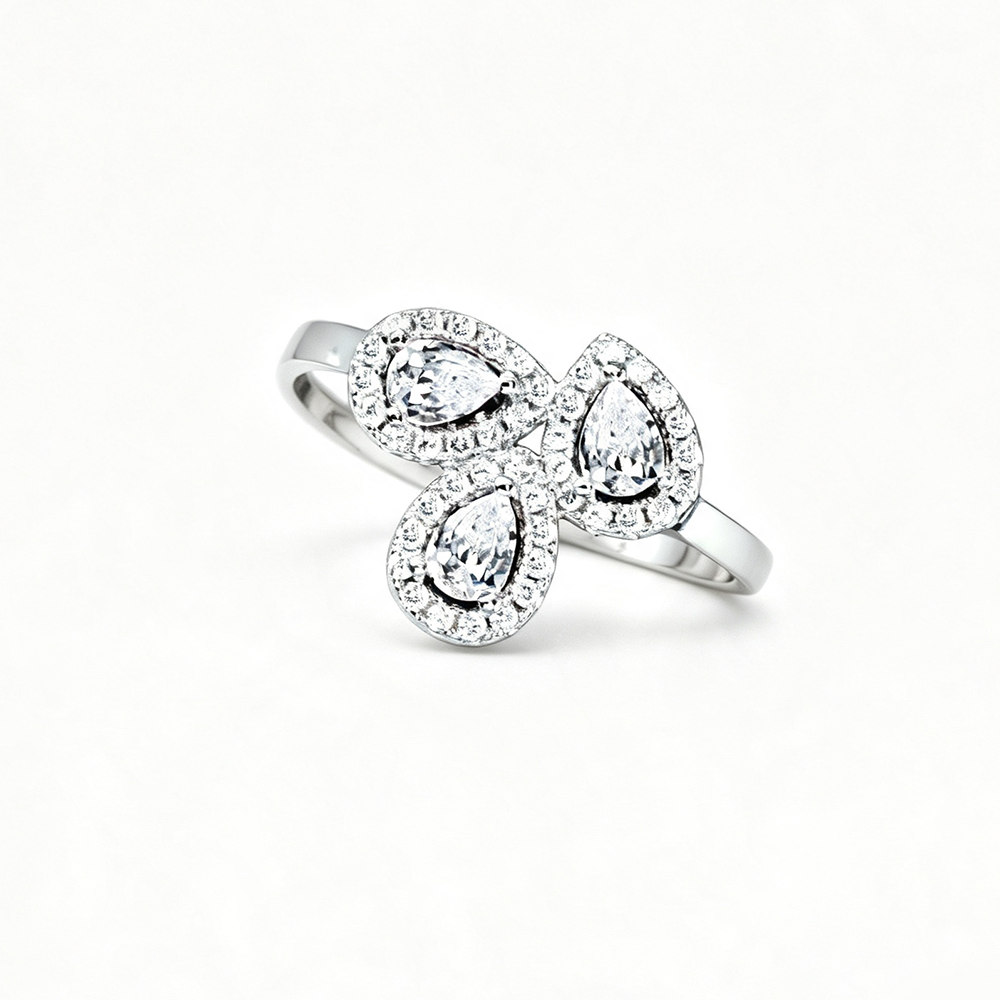 Women's Pear Shape Zirconia Overlapping Double Pear Design Ring, S925 with White Gold Plating