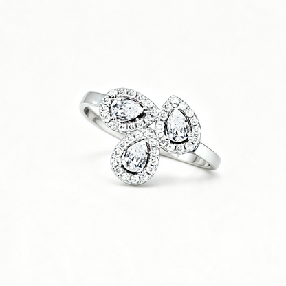 Women's Pear Shape Zirconia Overlapping Double Pear Design Ring, S925 with White Gold Plating
