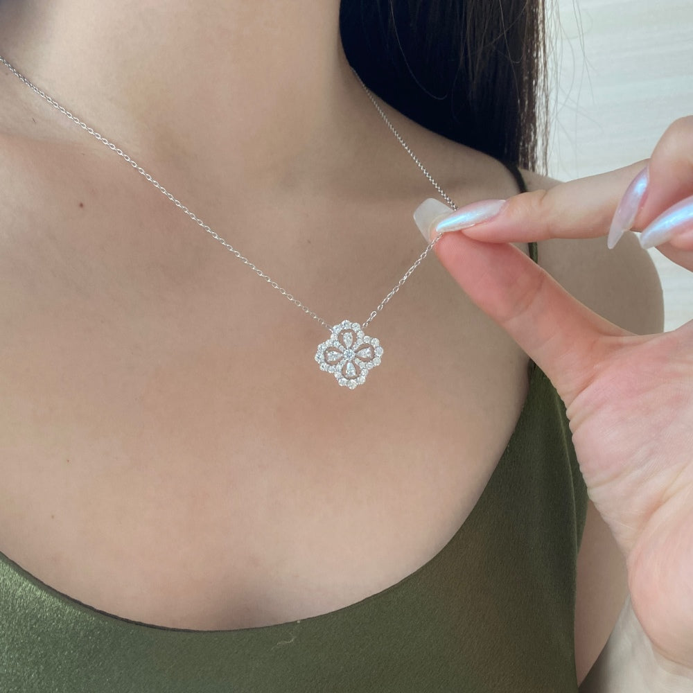 Women's Clover Pendant Necklace, Paved Zirconia Inlay, S925 with White Gold Plating
