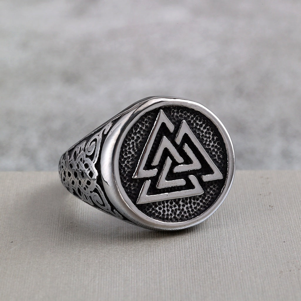 Vintage Solid Stainless Steel Viking Triangle Symbol Round Ring for Men