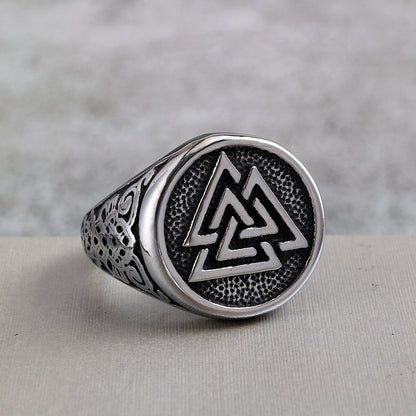 Vintage Solid Stainless Steel Viking Triangle Symbol Round Ring for Men