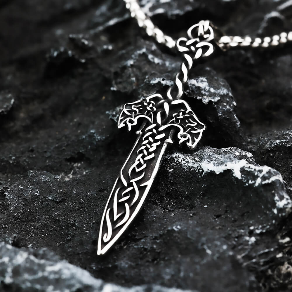 Vintage Antique Oxidized Stainless Steel Men's Viking Celtic Knot Sword Hollow Pendant Necklace