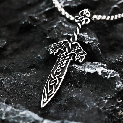 Vintage Antique Oxidized Stainless Steel Men's Viking Celtic Knot Sword Hollow Pendant Necklace