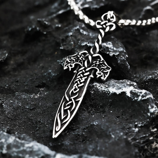 Vintage Antique Oxidized Stainless Steel Men's Viking Celtic Knot Sword Hollow Pendant Necklace