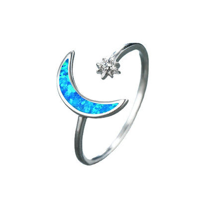 Women's Crescent Moon Shooting Star Opal with Zirconia Ring