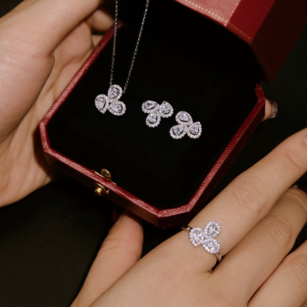 Women's Three‑Petal Flower Stud Earrings, Pear‑Shape Clear Zirconia with Zirconia Halo, S925 with White Gold Plating