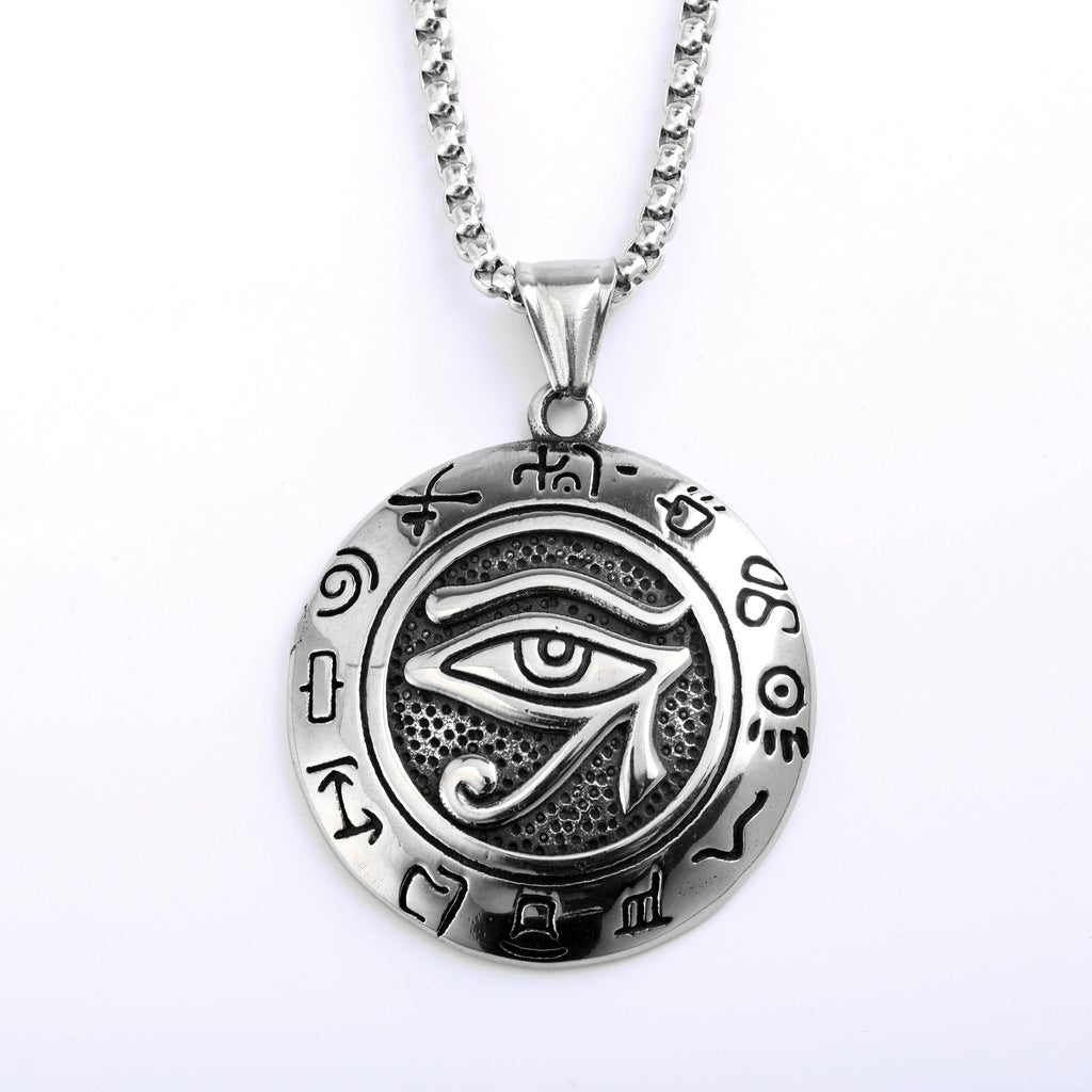 Vintage Stainless Steel Men's Egyptian Eye of Horus Round Pendant Necklace