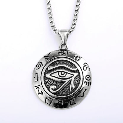 Vintage Stainless Steel Men's Egyptian Eye of Horus Round Pendant Necklace