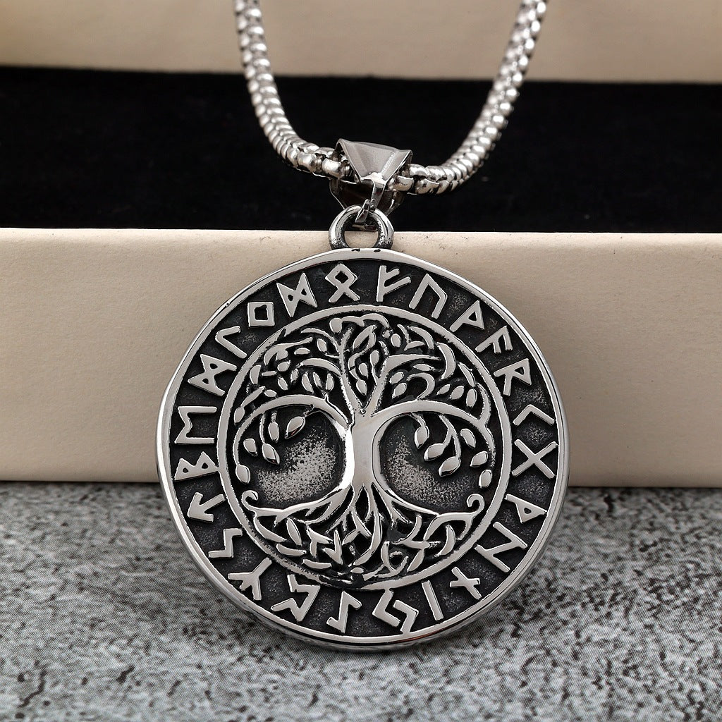 Vintage Stainless Steel Viking Tree of Life Rune Pendant Necklace for Men