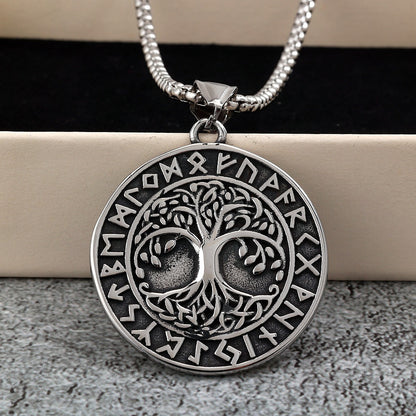 Vintage Stainless Steel Viking Tree of Life Rune Pendant Necklace for Men