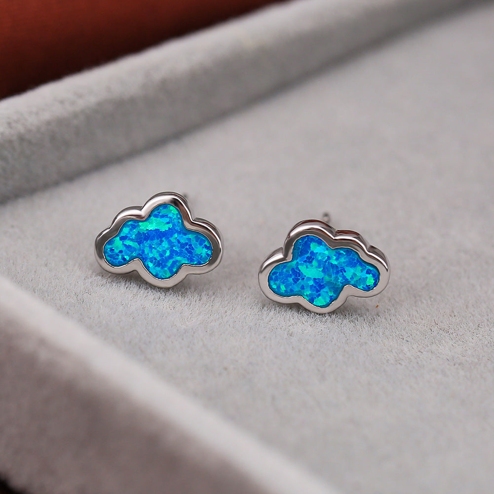 Women's Cloud‑Shape Stud Earrings, Blue Opal / White Opal Inlay, with White Gold Plating