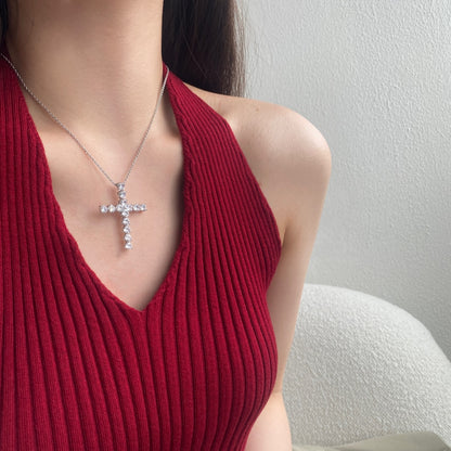 Women's Stylish Cross Pendant Necklace, Heart Shape Zirconia Inlay, S925 with White Gold Plating
