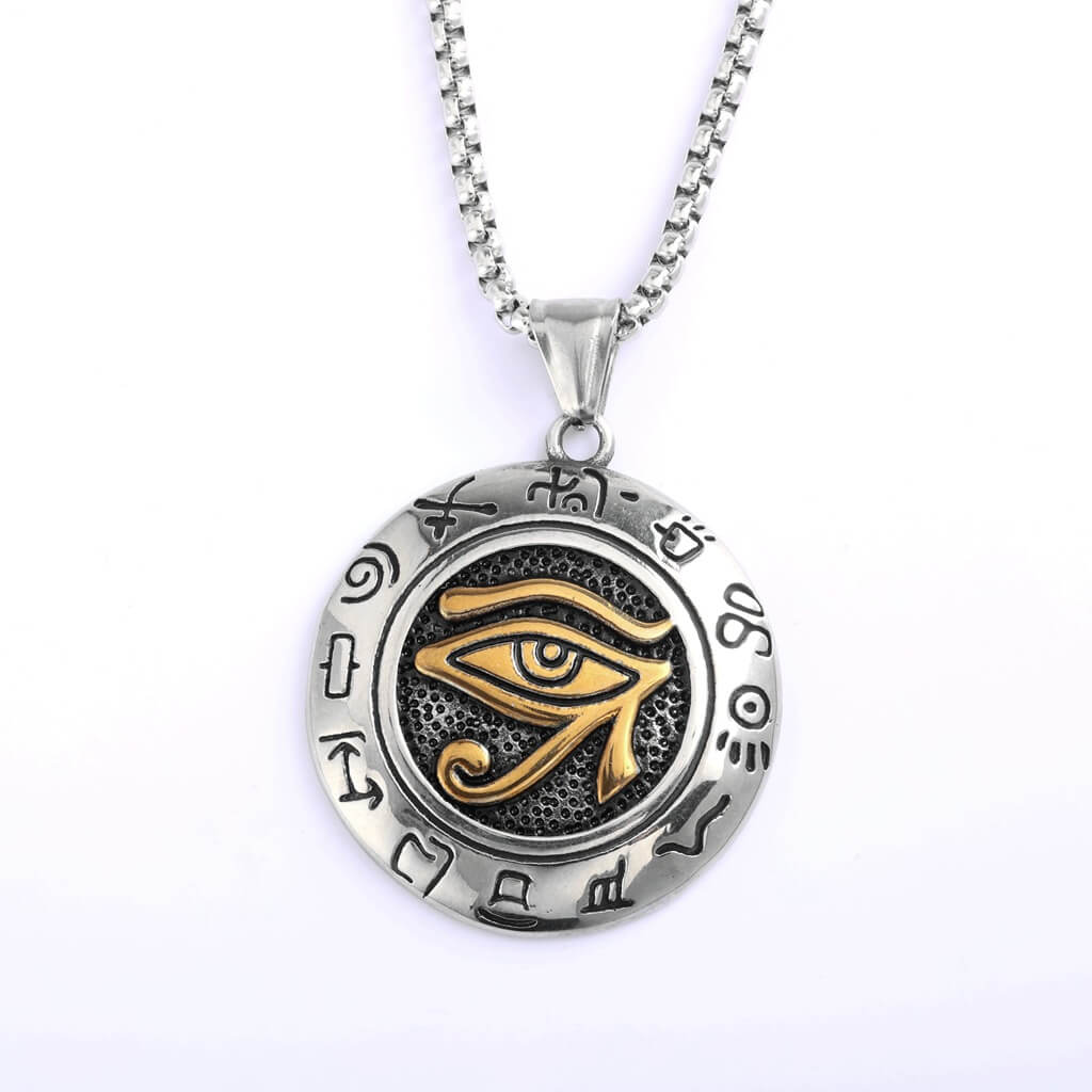 Vintage Stainless Steel Men's Egyptian Eye of Horus Round Pendant Necklace