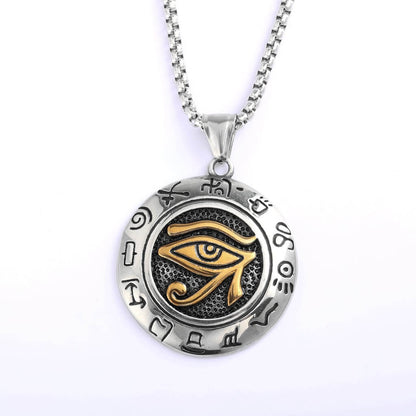 Vintage Stainless Steel Men's Egyptian Eye of Horus Round Pendant Necklace