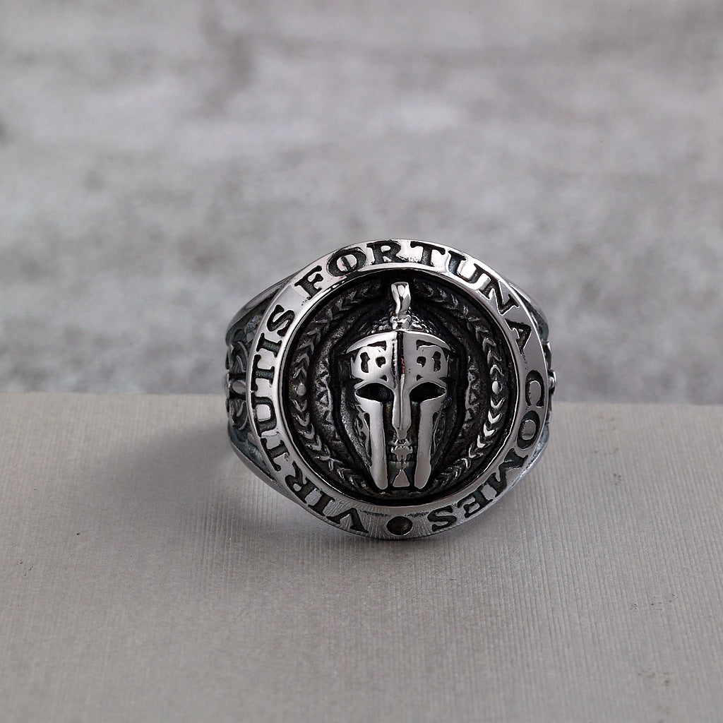 Vintage Stainless Steel Spartan Helmet Ring Engraved Virtutis Fortuna Comes for Men