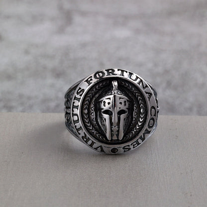 Vintage Stainless Steel Spartan Helmet Ring Engraved Virtutis Fortuna Comes for Men