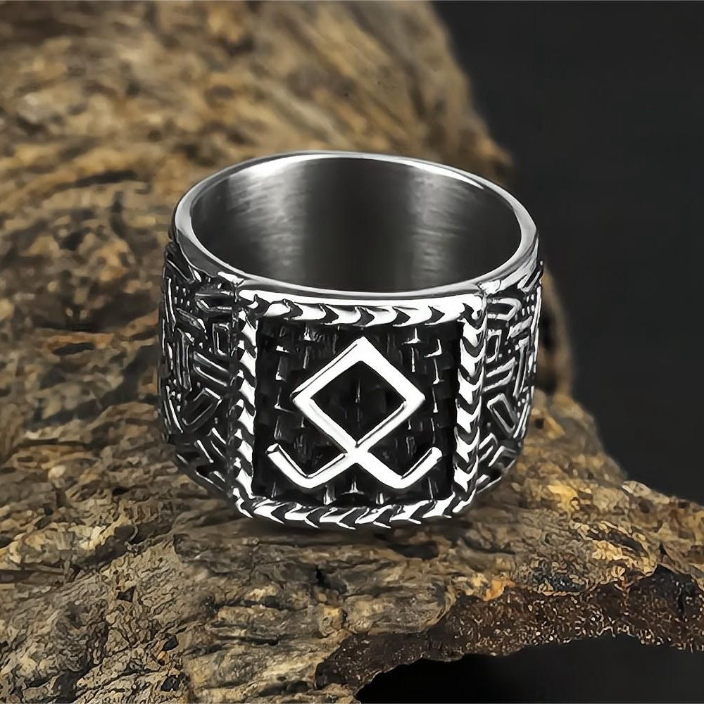 Vintage Solid Stainless Steel Norse Viking Rune Textured Carved Wide Band Ring for Men