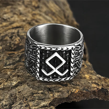 Vintage Solid Stainless Steel Norse Viking Rune Textured Carved Wide Band Ring for Men