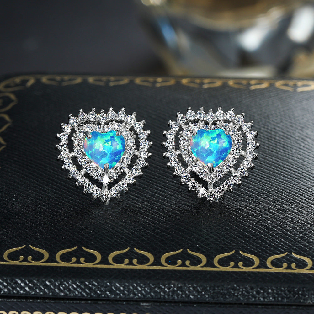 Women's Double‑Layer Heart Opal Stud Earrings, Full Zirconia Halo Setting, with White Gold Plating