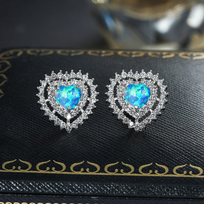 Women's Double‑Layer Heart Opal Stud Earrings, Full Zirconia Halo Setting, with White Gold Plating