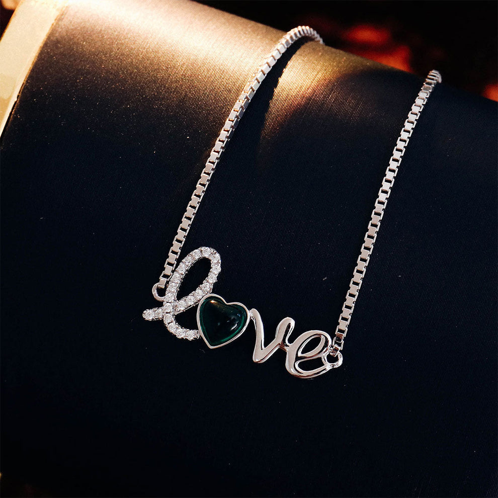 Women's White Gold LOVE Post Heart Shape Emerald Adjustable Bracelet