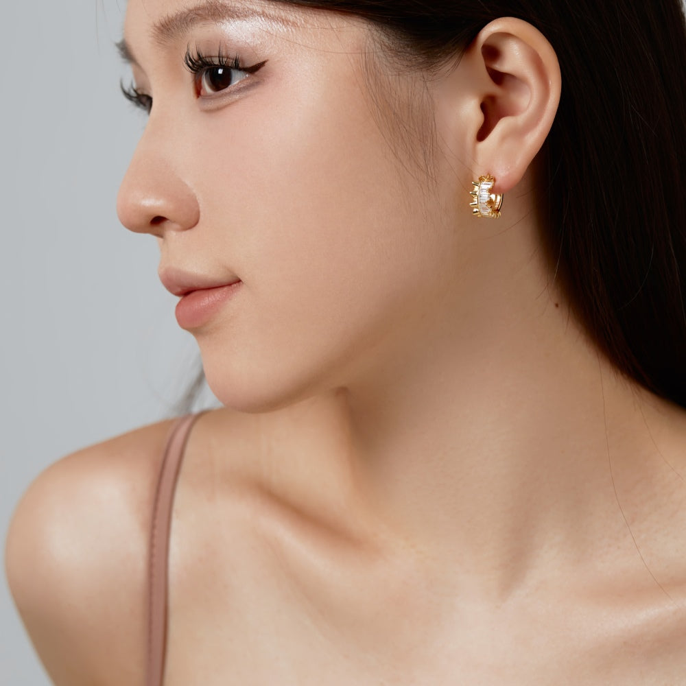 Women's Wave C‑Shape Hoop Earrings, Baguette White Zirconia Paved, S925 with Gold Plating